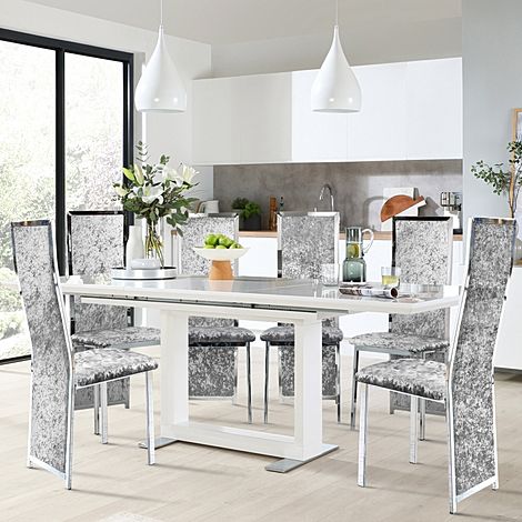 Tokyo White High Gloss Extending Dining Table with 6 Celeste Silver Crushed Velvet Chairs