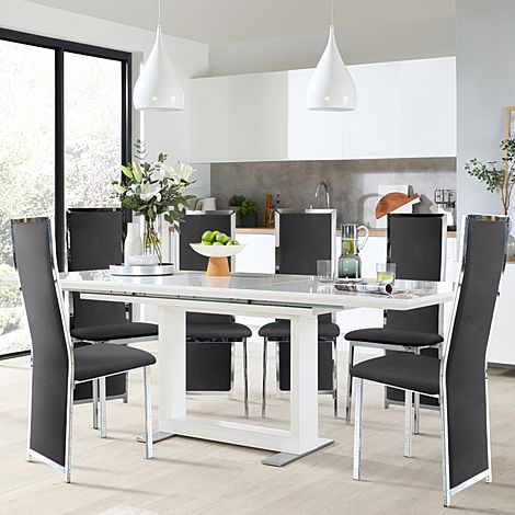 Tokyo White High Gloss Extending Dining Table with 4 Celeste Black Velvet Chairs