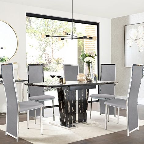 Vienna Black Marble Extending Dining Table with 6 Celeste Grey Velvet Chairs
