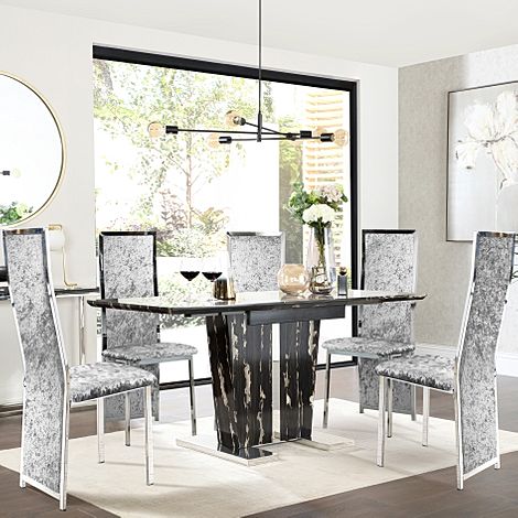 Vienna Black Marble Extending Dining Table with 4 Celeste Silver Crushed Velvet Chairs