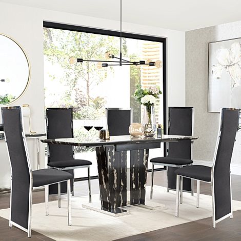 Vienna Black Marble Extending Dining Table with 4 Celeste Black Velvet Chairs
