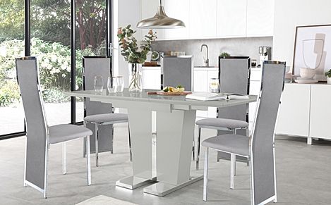Vienna Grey High Gloss Extending Dining Table with 4 Celeste Grey Velvet Chairs