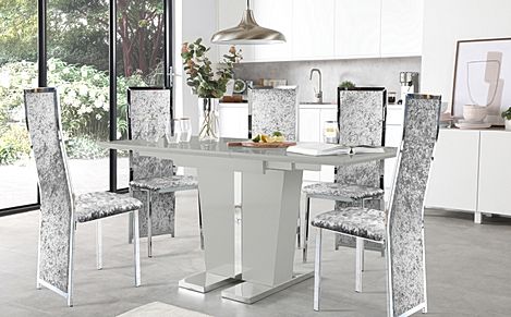 Vienna Grey High Gloss Extending Dining Table with 4 Celeste Silver Crushed Velvet Chairs