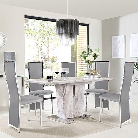 Vienna Grey Marble Extending Dining Table with 4 Celeste Grey Velvet Chairs