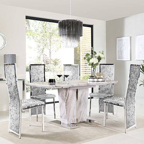 Vienna Extending Dining Table & 6 Celeste Chairs, Grey Marble Effect, Silver Crushed Velvet & Chrome, 120-160cm