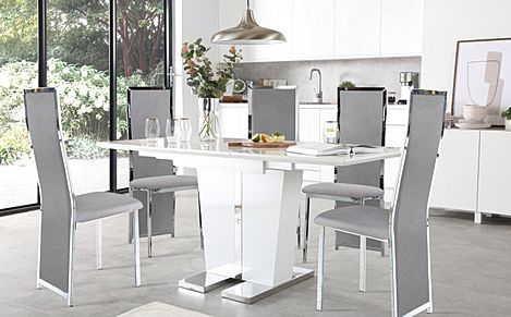 Vienna White High Gloss Extending Dining Table with 4 Celeste Grey Velvet Chairs