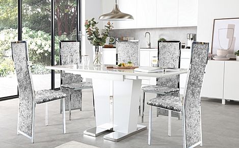 Vienna White High Gloss Extending Dining Table with 4 Celeste Silver Crushed Velvet Chairs