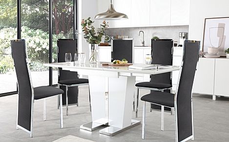 Vienna White High Gloss Extending Dining Table with 4 Celeste Black Velvet Chairs