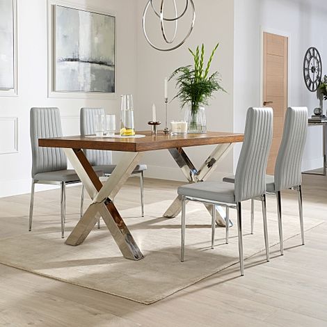Carrera 150cm Dark Oak and Chrome Dining Table with 4 Leon Light Grey Leather Chairs