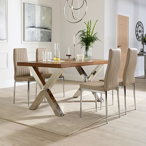 Carrera 150cm Dark Oak and Chrome Dining Table with 4 Leon Stone Grey Leather Chairs