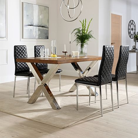 Carrera 150cm Dark Oak and Chrome Dining Table with 4 Renzo Black Leather Chairs