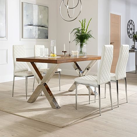 Carrera 150cm Dark Oak and Chrome Dining Table with 4 Renzo White Leather Chairs