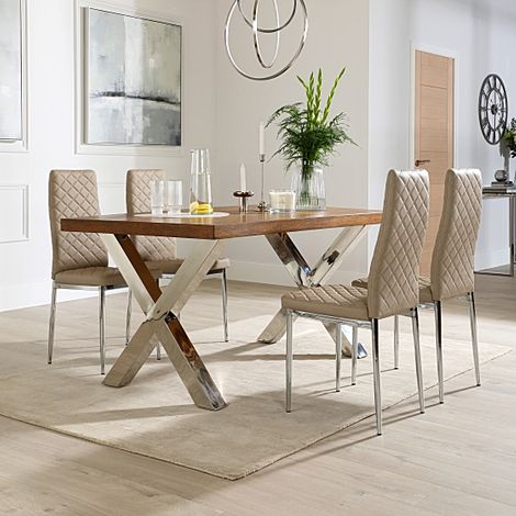 Carrera 150cm Dark Oak and Chrome Dining Table with 4 Renzo Stone Grey Leather Chairs