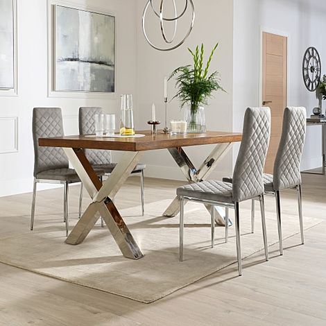 Carrera 150cm Dark Oak and Chrome Dining Table with 4 Renzo Grey Velvet Chairs