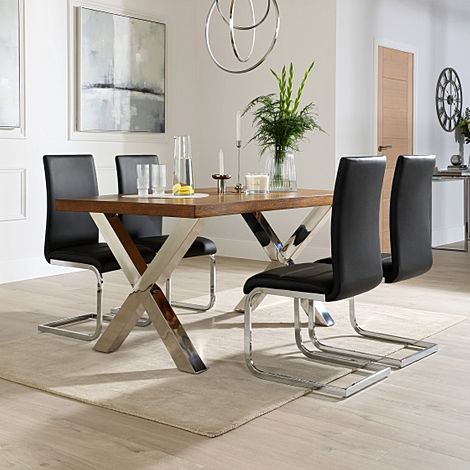 Carrera 150cm Dark Oak and Chrome Dining Table with 4 Perth Black Leather Chairs