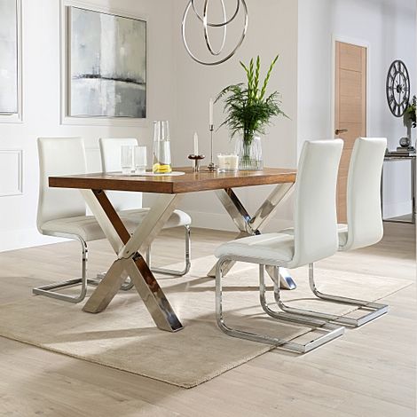 Carrera 150cm Dark Oak and Chrome Dining Table with 4 Perth White Leather Chairs