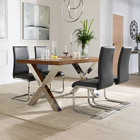 Carrera 150cm Dark Oak and Chrome Dining Table with 4 Perth Grey Leather Chairs