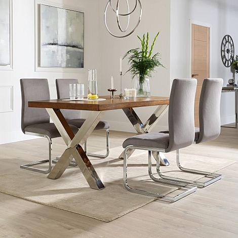 Carrera 150cm Dark Oak and Chrome Dining Table with 4 Perth Grey Velvet Chairs