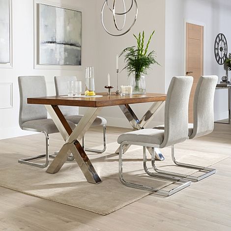 Carrera 150cm Dark Oak and Chrome Dining Table with 4 Perth Dove Grey Fabric Chairs