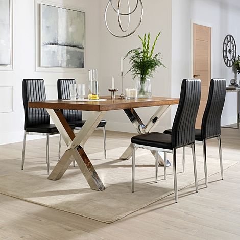 Carrera 200cm Dark Oak and Chrome Dining Table with 4 Leon Black Leather Chairs