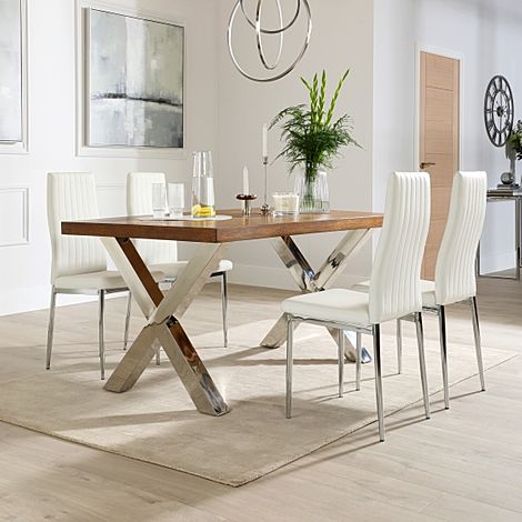 Carrera 200cm Dark Oak and Chrome Dining Table with 4 Leon White Leather Chairs