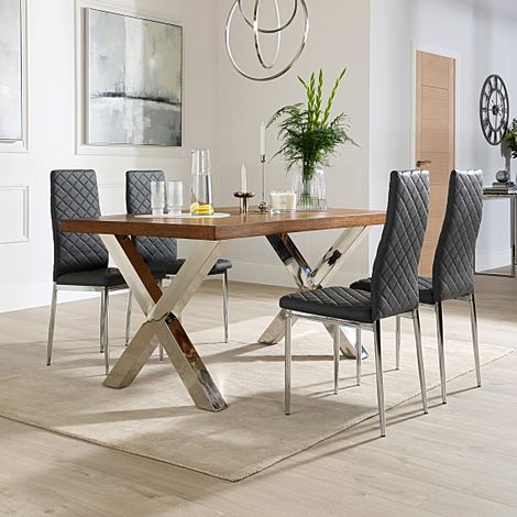 Carrera 200cm Dark Oak and Chrome Dining Table with 4 Renzo Grey Leather Chairs