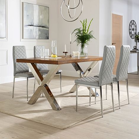 Carrera 200cm Dark Oak and Chrome Dining Table with 4 Renzo Light Grey Leather Chairs
