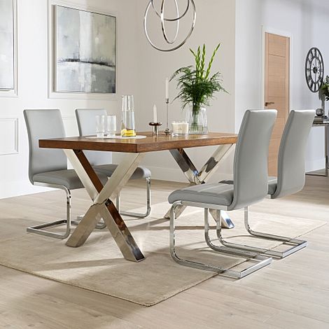 Carrera 200cm Dark Oak and Chrome Dining Table with 4 Perth Light Grey Leather Chairs