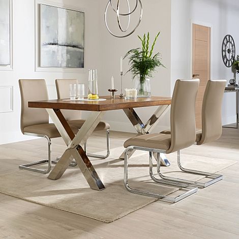 Carrera 200cm Dark Oak and Chrome Dining Table with 4 Perth Stone Grey Leather Chairs