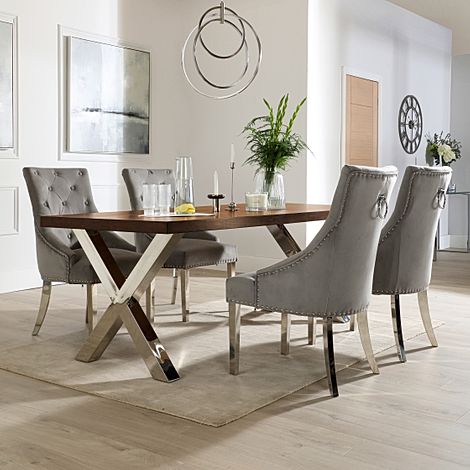 Carrera 200cm Dark Oak and Chrome Dining Table with 4 Imperial Grey Velvet Chairs