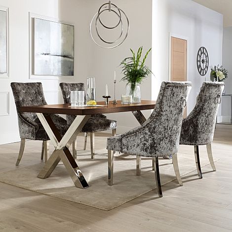 Carrera 200cm Dark Oak and Chrome Dining Table with 4 Imperial Silver Velvet Chairs