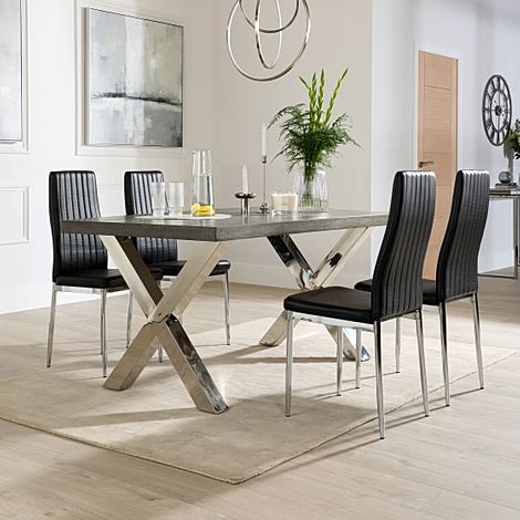 Carrera 150cm Grey Wood and Chrome Dining Table with 4 Leon Black Leather Chairs