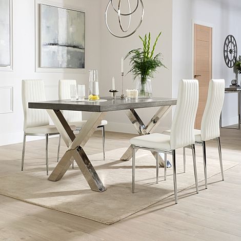 Carrera 150cm Grey Wood and Chrome Dining Table with 4 Leon White Leather Chairs