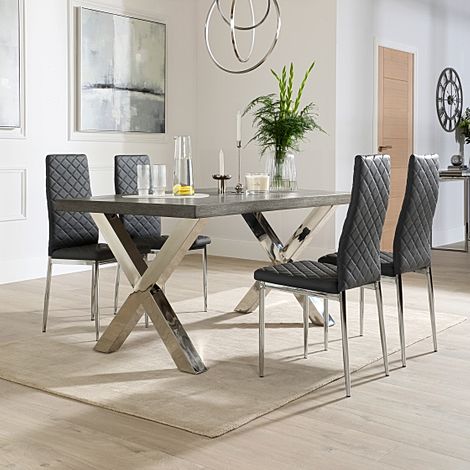 Carrera 150cm Grey Wood and Chrome Dining Table with 4 Renzo Grey Leather Chairs