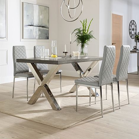 Carrera 150cm Grey Wood and Chrome Dining Table with 4 Renzo Light Grey Leather Chairs