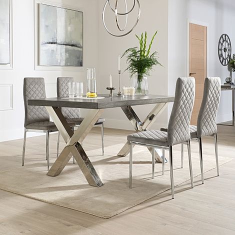 Carrera 150cm Grey Wood and Chrome Dining Table with 4 Renzo Grey Velvet Chairs