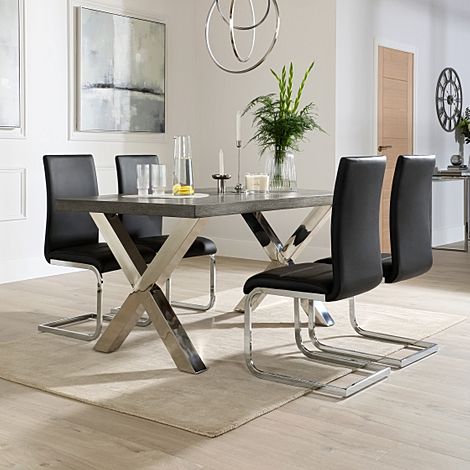 Carrera 150cm Grey Wood and Chrome Dining Table with 4 Perth Black Leather Chairs