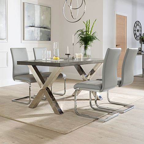 Carrera 150cm Grey Wood and Chrome Dining Table with 4 Perth Light Grey Leather Chairs