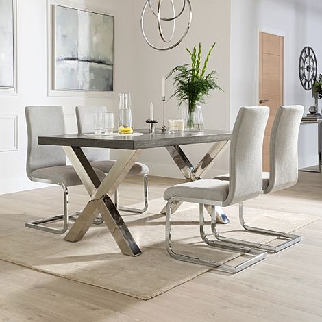 Carrera 150cm Grey Wood and Chrome Dining Table with 4 Perth Dove Grey Fabric Chairs
