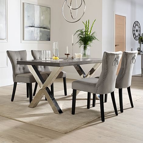 Carrera 150cm Grey Wood and Chrome Dining Table with 4 Kensington Grey Velvet Chairs