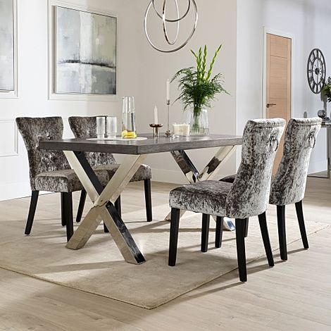 Carrera 150cm Grey Wood and Chrome Dining Table with 4 Kensington Silver Velvet Chairs