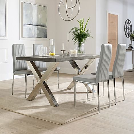 Carrera 200cm Grey Wood and Chrome Dining Table with 4 Leon Light Grey Leather Chairs