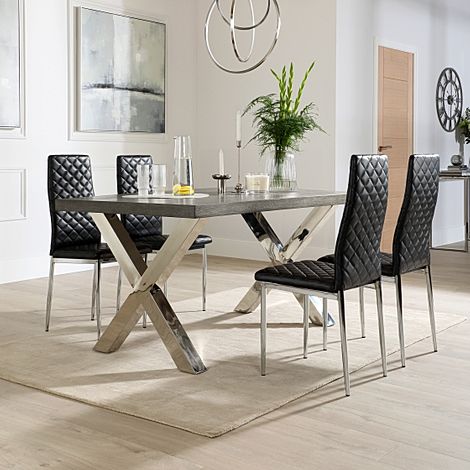 Carrera 200cm Grey Wood and Chrome Dining Table with 4 Renzo Black Leather Chairs