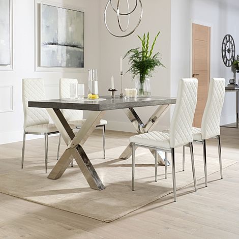 Carrera 200cm Grey Wood and Chrome Dining Table with 4 Renzo White Leather Chairs