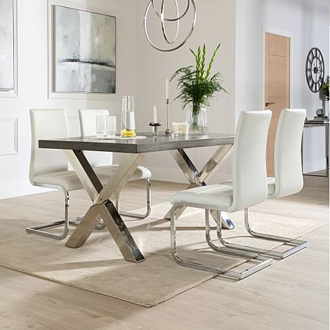 Carrera 200cm Grey Wood and Chrome Dining Table with 6 Perth White Leather Chairs
