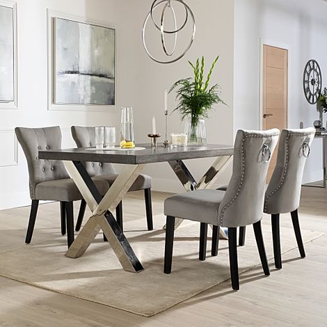 Carrera 200cm Grey Wood and Chrome Dining Table with 4 Kensington Grey Velvet Chairs