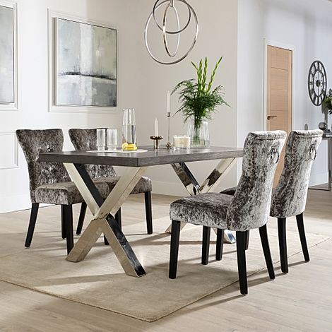 Carrera 200cm Grey Wood and Chrome Dining Table with 4 Kensington Silver Velvet Chairs