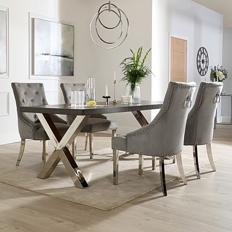 Carrera 200cm Grey Wood and Chrome Dining Table with 4 Imperial Grey Velvet Chairs