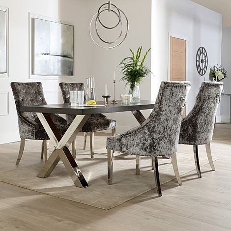 Carrera 200cm Grey Wood and Chrome Dining Table with 4 Imperial Silver Velvet Chairs