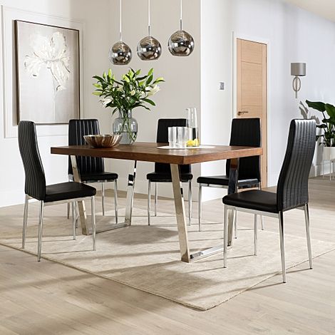 Milento 150cm Dark Oak and Chrome Dining Table with 4 Leon Black Leather Chairs